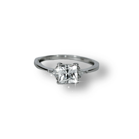 WHITE GOLD Created Diamond Princess Cut 4 Claw Ring