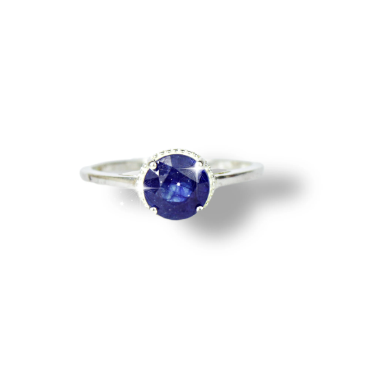 WHITE GOLD FINISH Blue Sapphire Round Cut 4 Claw Ring