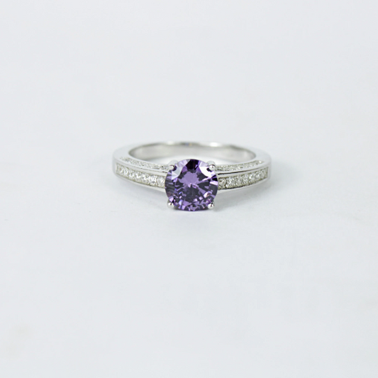WHITE GOLD FINISH Round Cut Solitaire Purple Amethyst Created Diamond Ring
