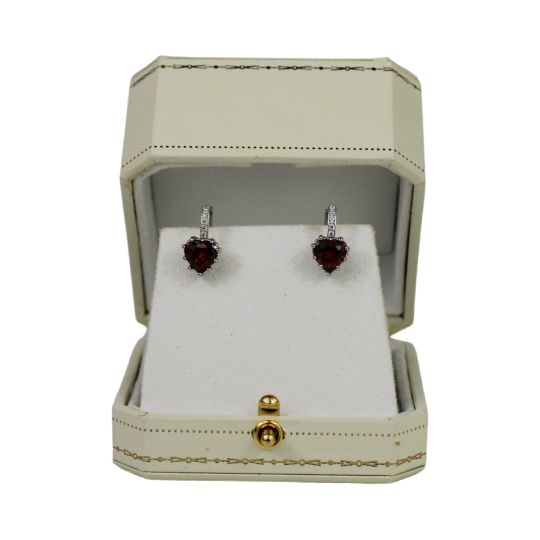 WHITE GOLD FINISH Red Ruby Heart Cut Created Diamond Dangle Earrings