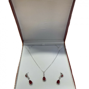 White gold finish Red Ruby created diamond pearcut necklace and earrings Gift