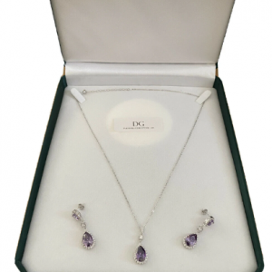 White gold finish amethyst And created diamond pearcut necklace And earrings