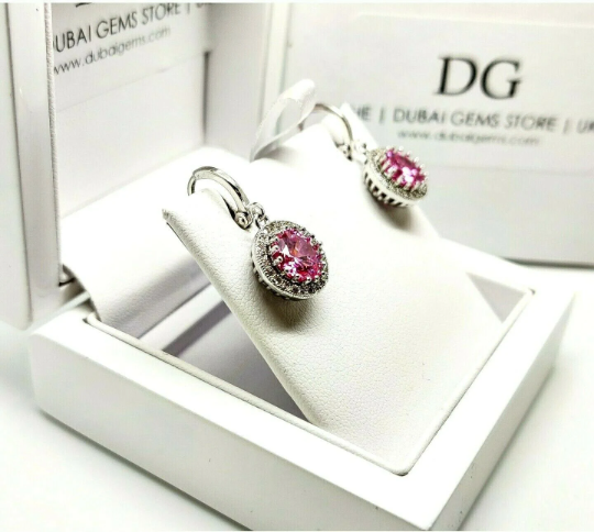 White gold finish pink tourmaline created diamond round cut droplet earrings