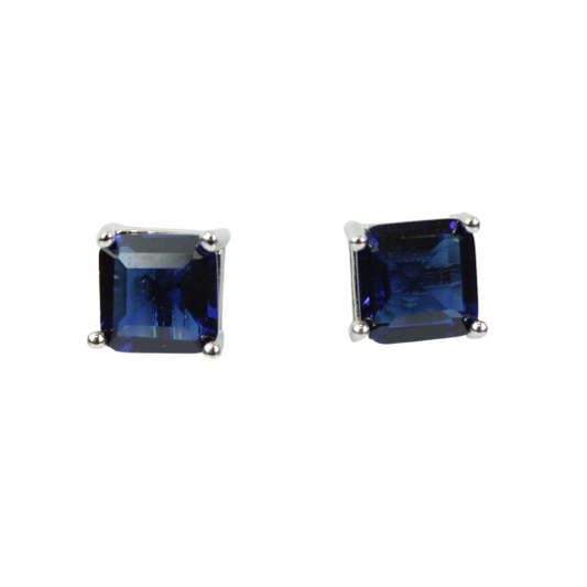 White Gold Finish Blue Sapphire Princess Cut 4-Claw Stud Earrings with Gift Box | Elegant Created Diamond Jewellery