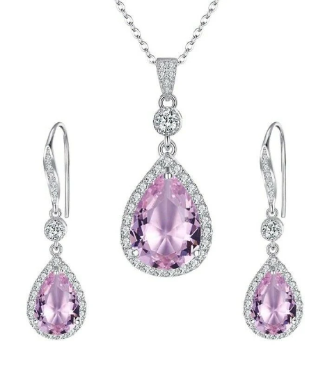 White gold finish Pink tourmaline created diamond pear cut pendant and earrings