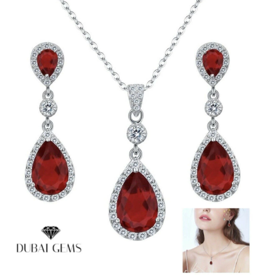 White gold finish Red Ruby created diamond pearcut necklace and earrings Gift