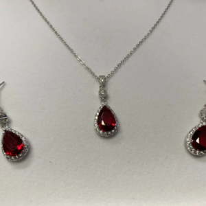 White gold finish Red Ruby created diamond pearcut necklace and earrings Gift