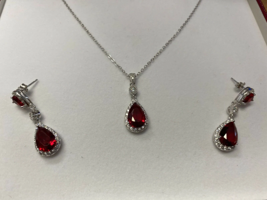 White gold finish Red Ruby created diamond pearcut necklace and earrings Gift