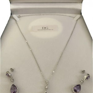 White gold finish amethyst And created diamond pearcut necklace And earrings