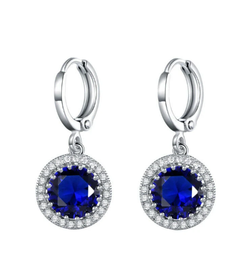 White gold finish blue sapphire and created diamond round cut droplet earrings