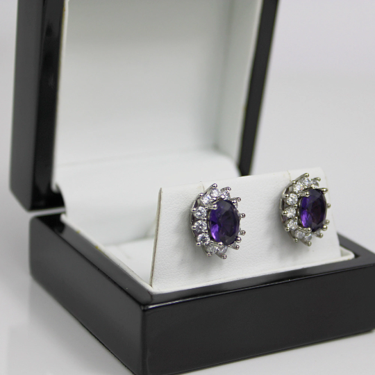 WHITE GOLD FINISH Purple Amethyst Oval Cut Created Diamond Cluster Stud Earrings