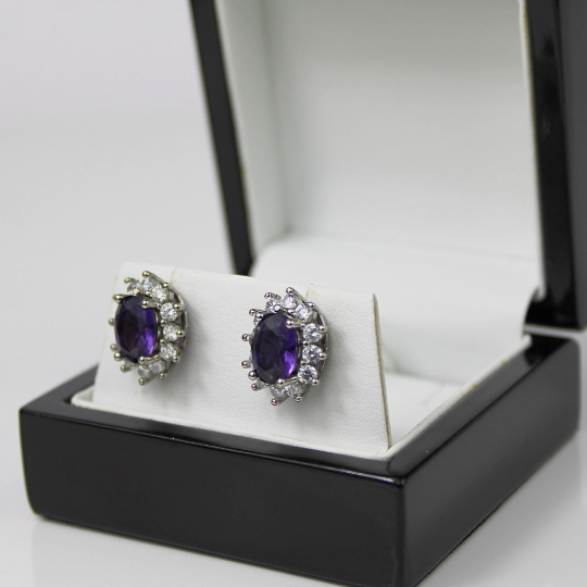 WHITE GOLD FINISH Purple Amethyst Oval Cut Created Diamond Cluster Stud Earrings