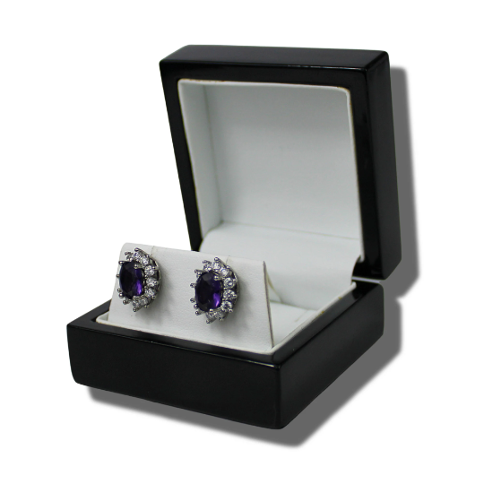 WHITE GOLD FINISH Purple Amethyst Oval Cut Created Diamond Cluster Stud Earrings