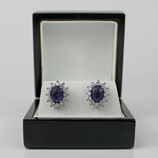 WHITE GOLD FINISH Purple Amethyst Oval Cut Created Diamond Cluster Stud Earrings