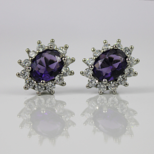 WHITE GOLD FINISH Purple Amethyst Oval Cut Created Diamond Cluster Stud Earrings