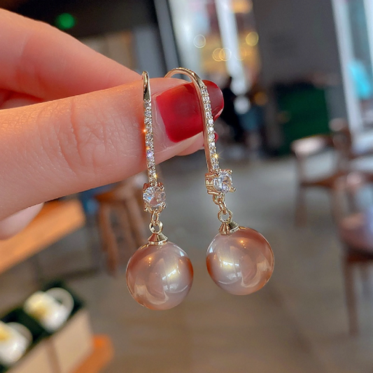 YELLOW GOLD FINISH Created Diamond Rose Gold Pearl Ball Dangle Fish Hook Earrings