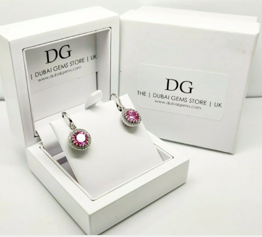 White gold finish pink tourmaline created diamond round cut droplet earrings