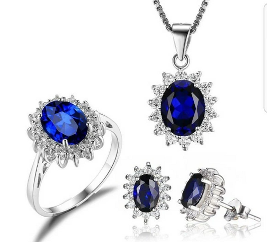 Princess Silver Blue Sapphire Ring Earring Necklace set Middleton Elegance