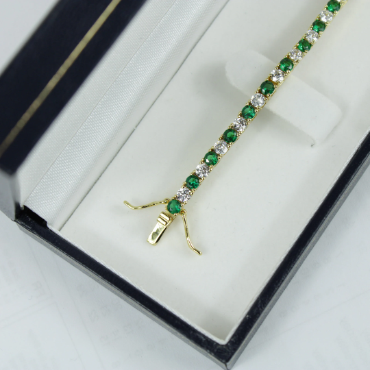 Yellow Gold Finish Created Diamond Green Emerald Round Cut Tennis Bracelet