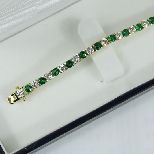 Yellow Gold Finish Created Diamond Green Emerald Round Cut Tennis Bracelet