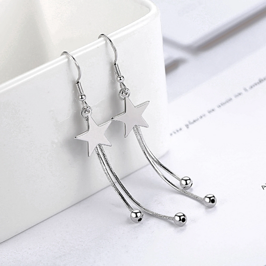 WHITE GOLD FINISH Star Dangle Tassel Ball Fish Hook Earrings