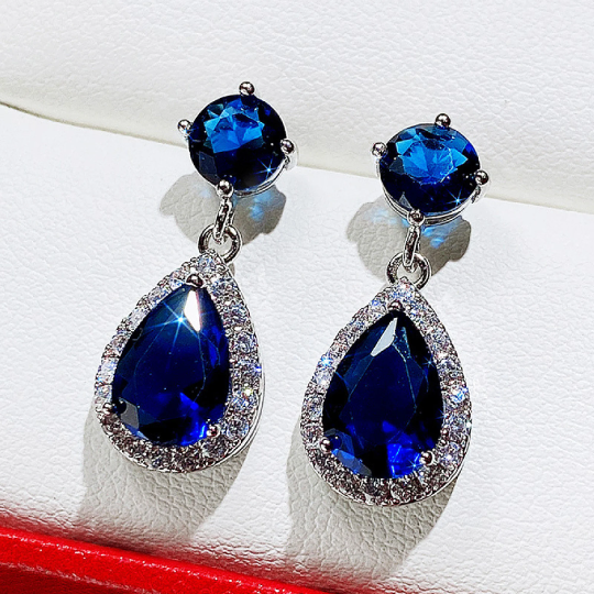 WHITE GOLD FINISH Blue Sapphire Created Diamond Pear Round Cut Dangle Earrings