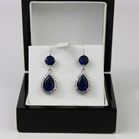 WHITE GOLD FINISH Blue Sapphire Created Diamond Pear Round Cut Dangle Earrings