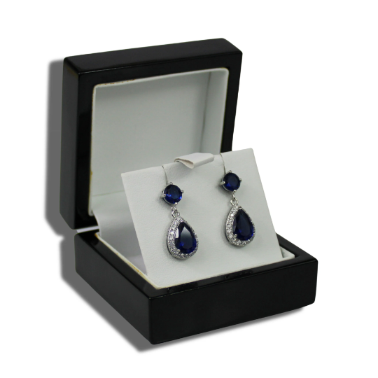 WHITE GOLD FINISH Blue Sapphire Created Diamond Pear Round Cut Dangle Earrings