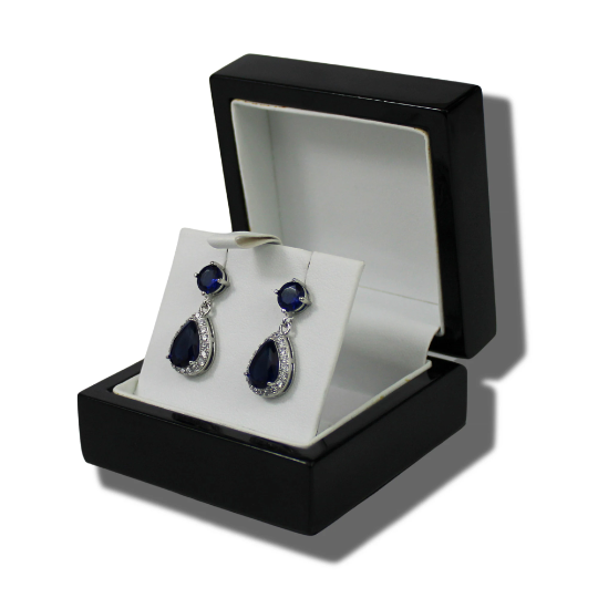 WHITE GOLD FINISH Blue Sapphire Created Diamond Pear Round Cut Dangle Earrings