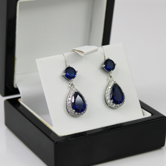 WHITE GOLD FINISH Blue Sapphire Created Diamond Pear Round Cut Dangle Earrings