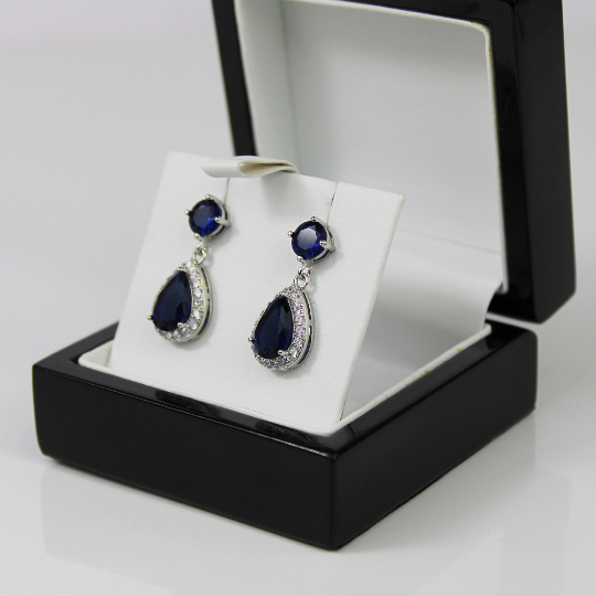 WHITE GOLD FINISH Blue Sapphire Created Diamond Pear Round Cut Dangle Earrings