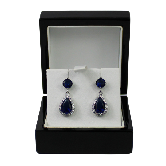 WHITE GOLD FINISH Blue Sapphire Created Diamond Pear Round Cut Dangle Earrings