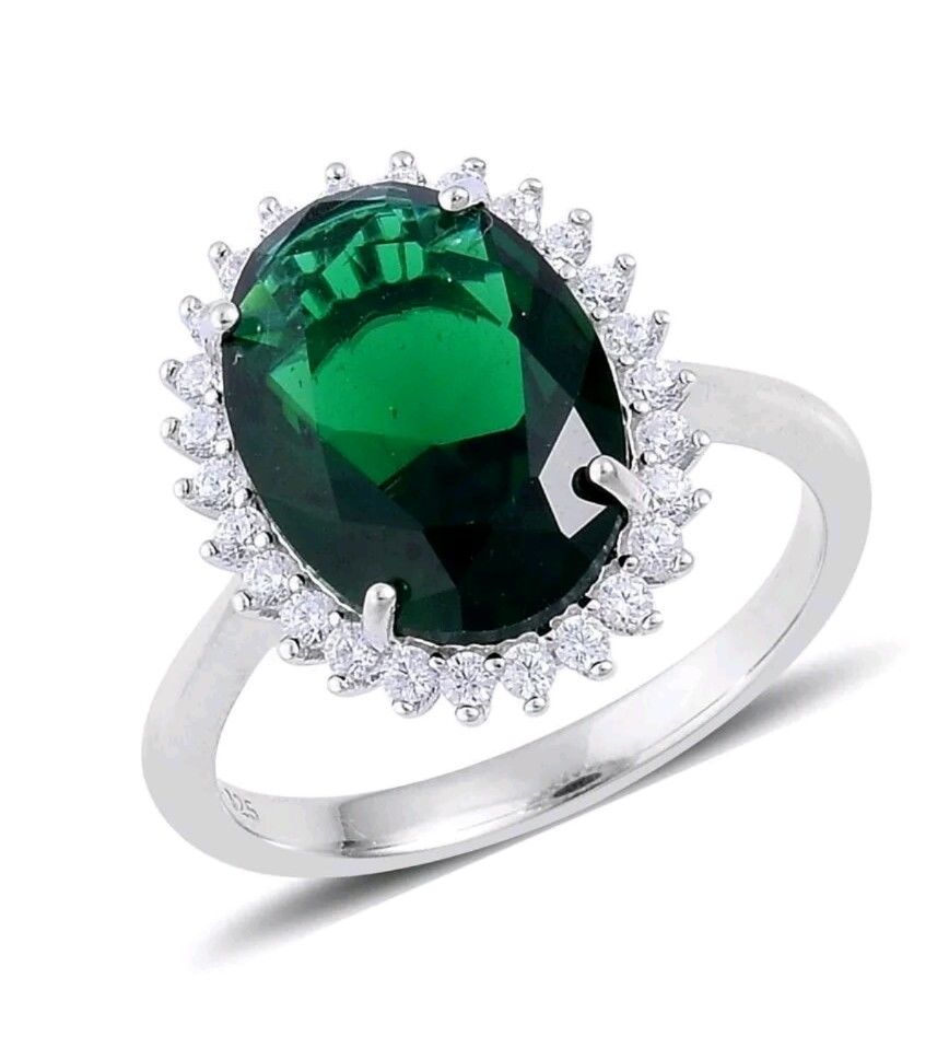 Silver green emerald created diamond ring