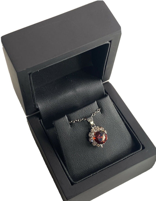 White gold finish Round Cut Garnet And Created Diamond Flower pendant Necklace
