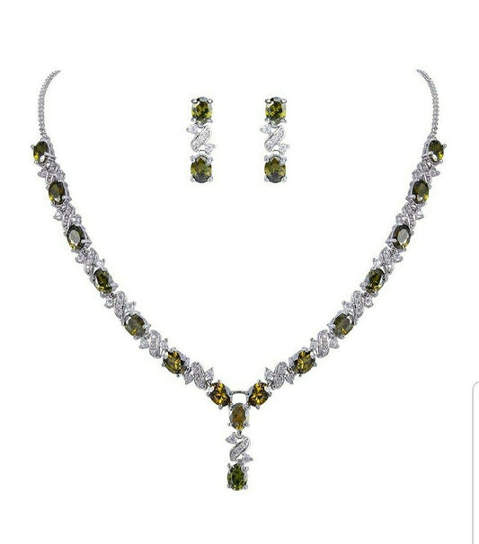 White gold finish green peridot earrings and necklace set
