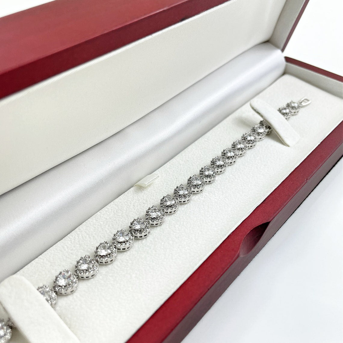 White Gold Finish Created Diamond Heart Cut Bracelet In Lustrous Silver