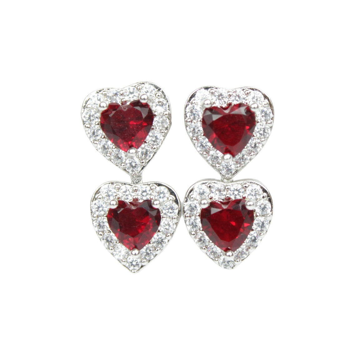 White Gold Finish Created Diamond Red Ruby Classic Double Heart Cut Design Dangle Drop Earrings