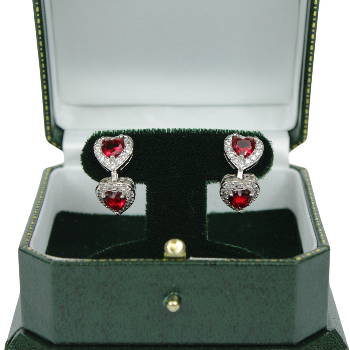 White Gold Finish Created Diamond Red Ruby Classic Double Heart Cut Design Dangle Drop Earrings