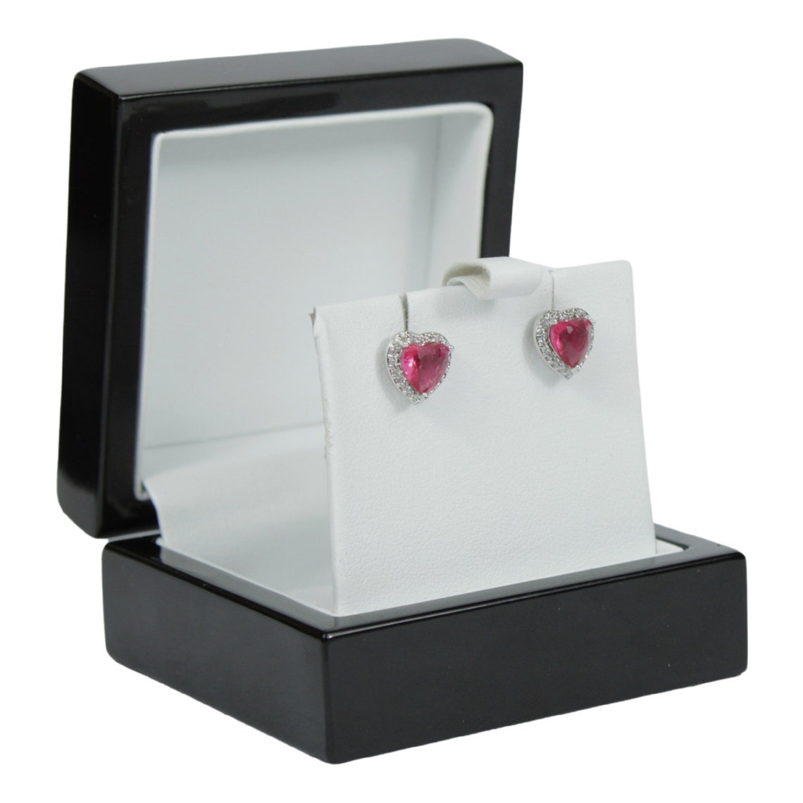 White Gold Finish Created Diamond Pink Tourmaline Heart Cut Stud Earrings