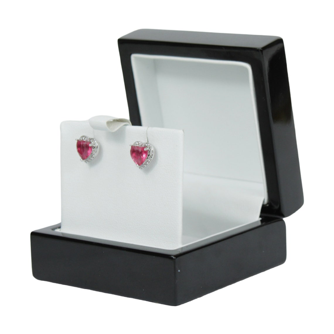 White Gold Finish Created Diamond Pink Tourmaline Heart Cut Stud Earrings