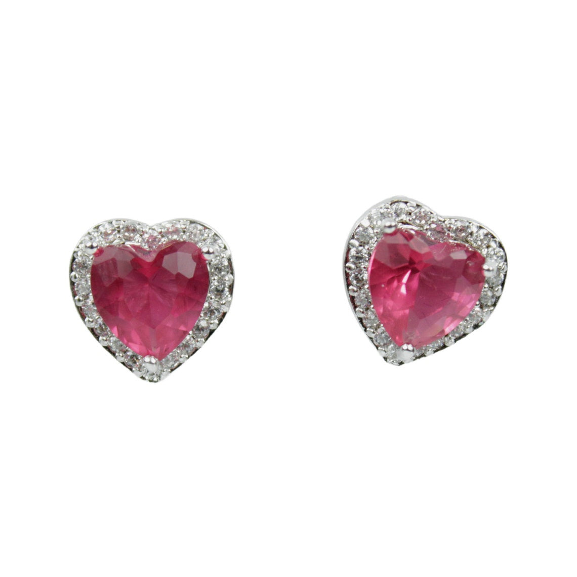 White Gold Finish Created Diamond Pink Tourmaline Heart Cut Stud Earrings