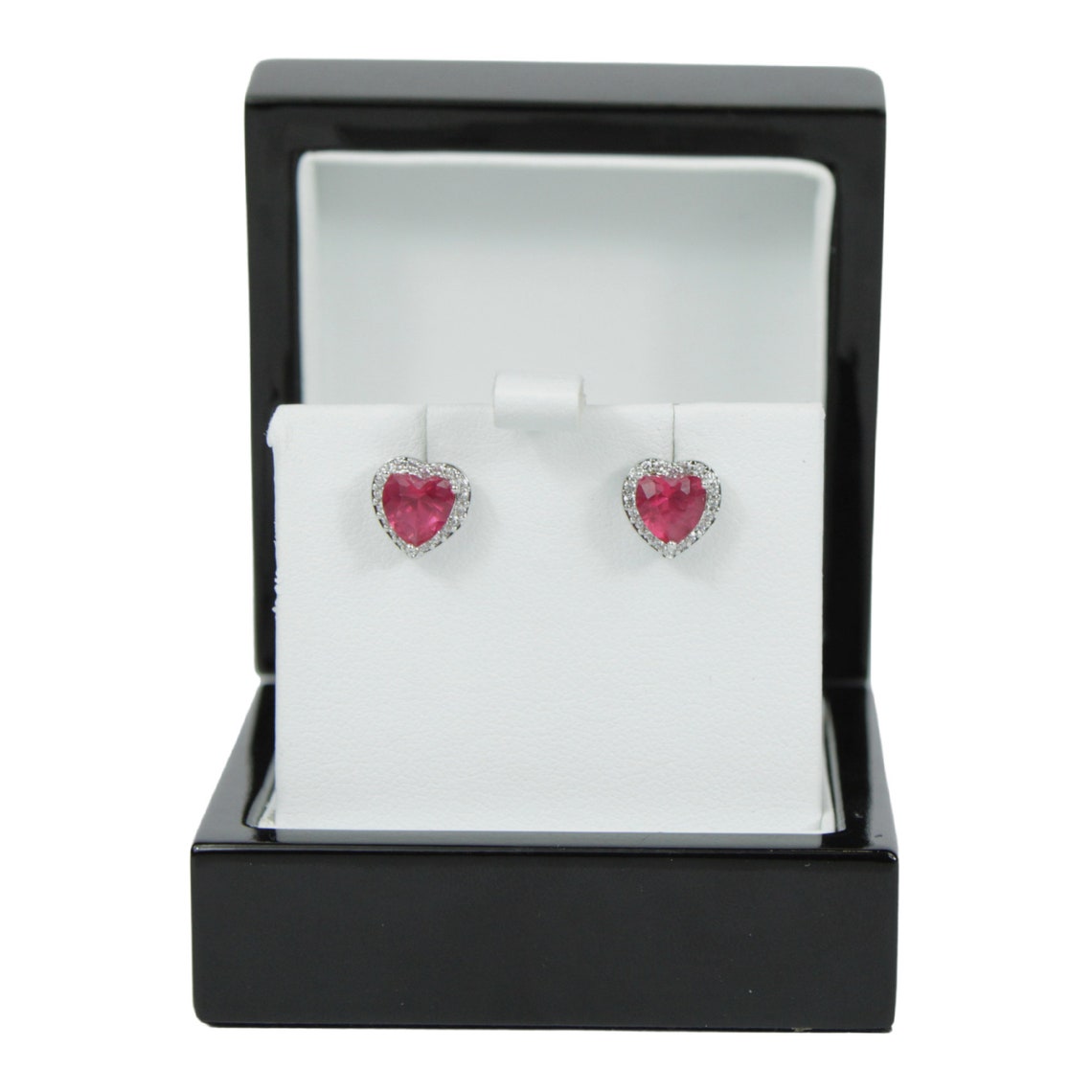 White Gold Finish Created Diamond Pink Tourmaline Heart Cut Stud Earrings