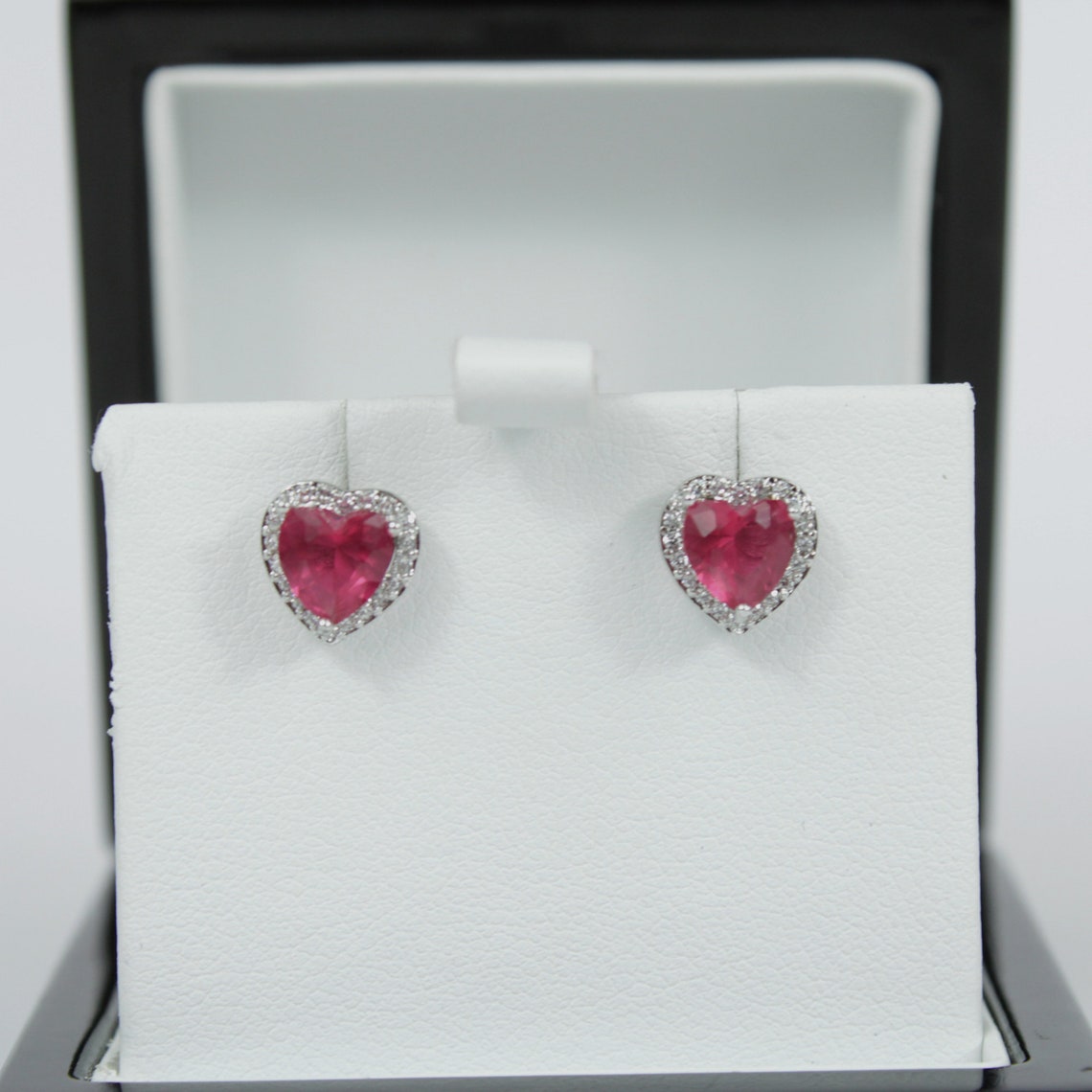 White Gold Finish Created Diamond Pink Tourmaline Heart Cut Stud Earrings