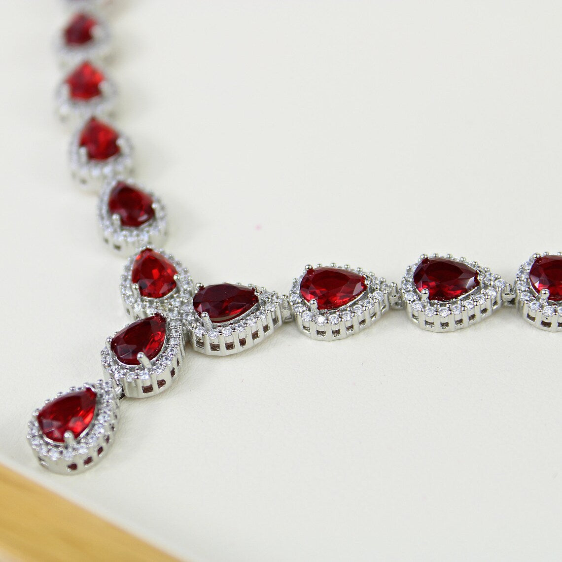 White Gold Finish Red Ruby Pear Cut & Created Diamond Cluster Necklace