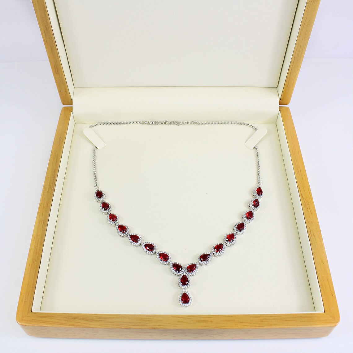White Gold Finish Red Ruby Pear Cut & Created Diamond Cluster Necklace