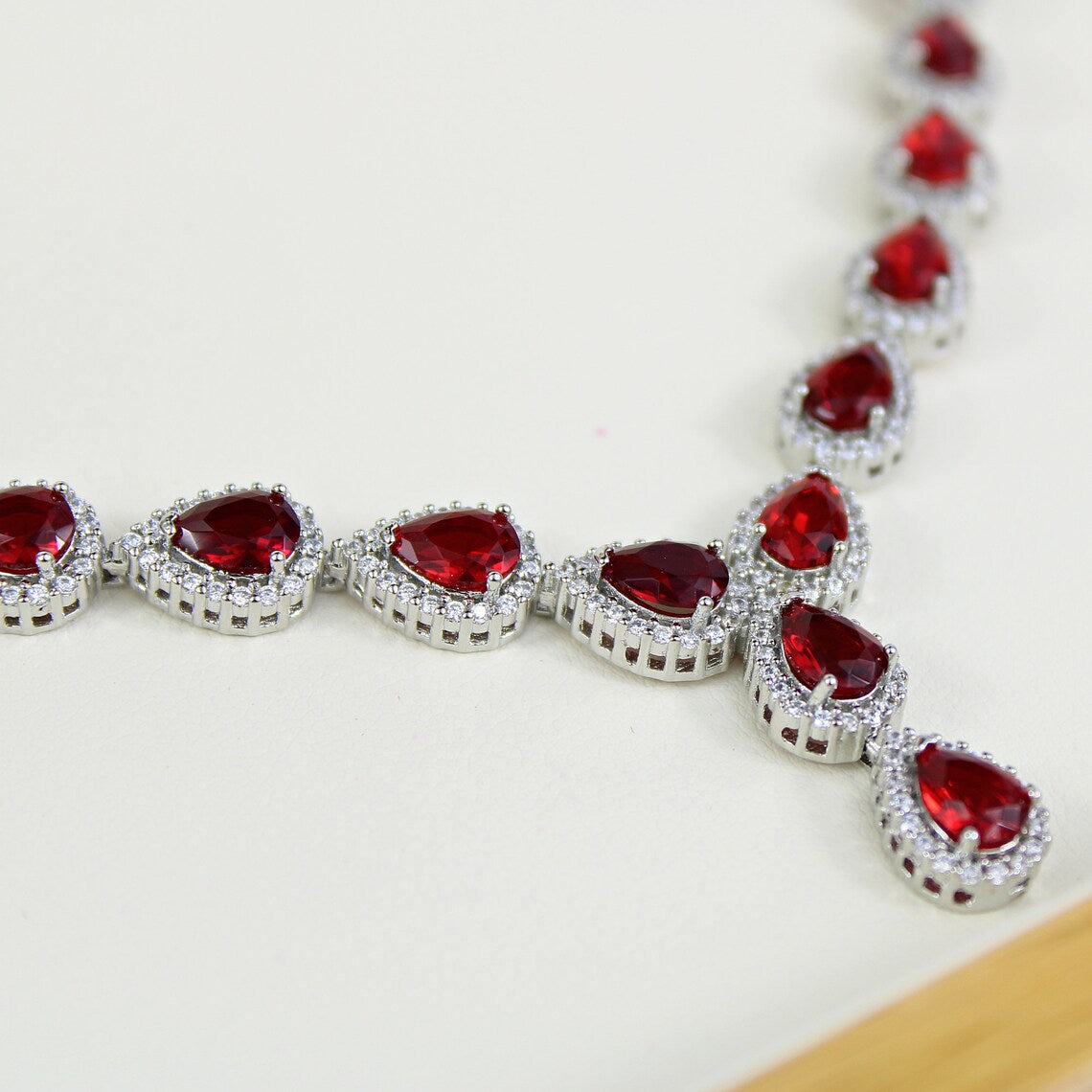 White Gold Finish Red Ruby Pear Cut & Created Diamond Cluster Necklace