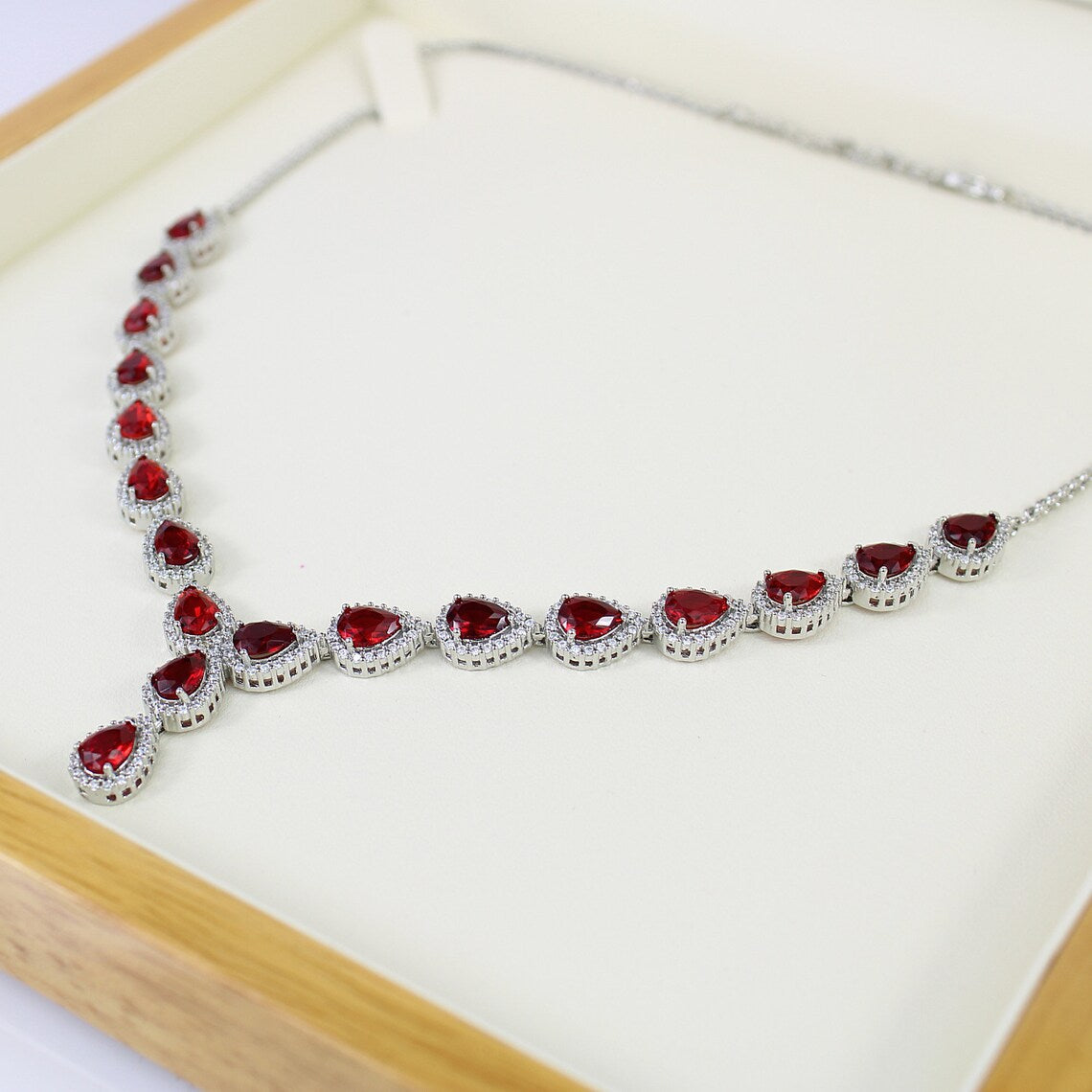 White Gold Finish Red Ruby Pear Cut & Created Diamond Cluster Necklace