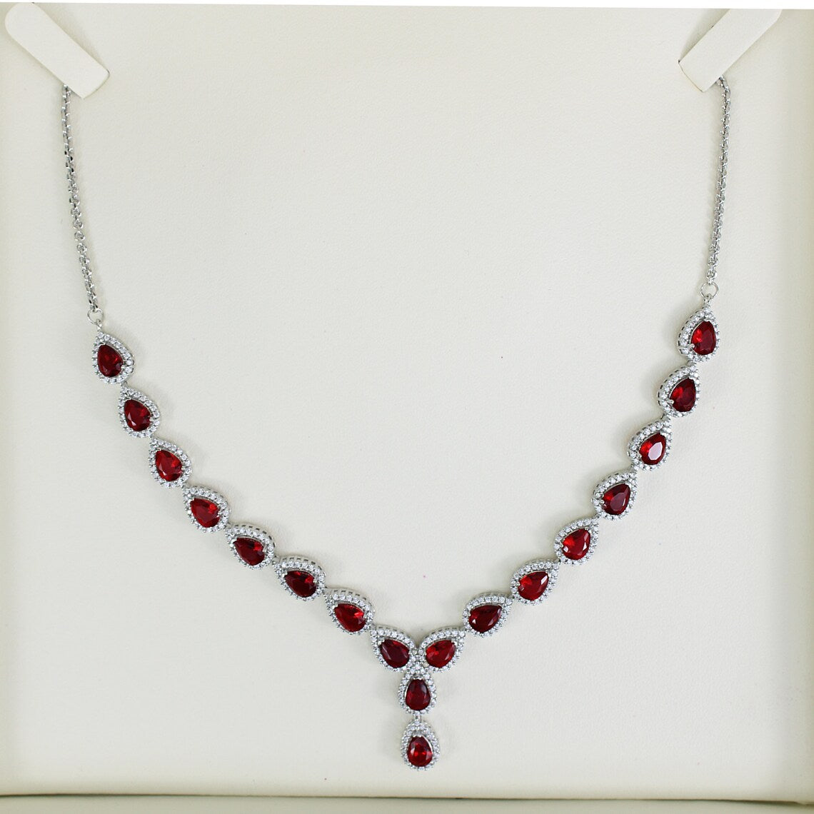 WHITE GOLD FINISH Red Ruby Pear Cut Cluster Created Diamond Necklace | Wedding, Engagement, Celebration, Birthday, Gift