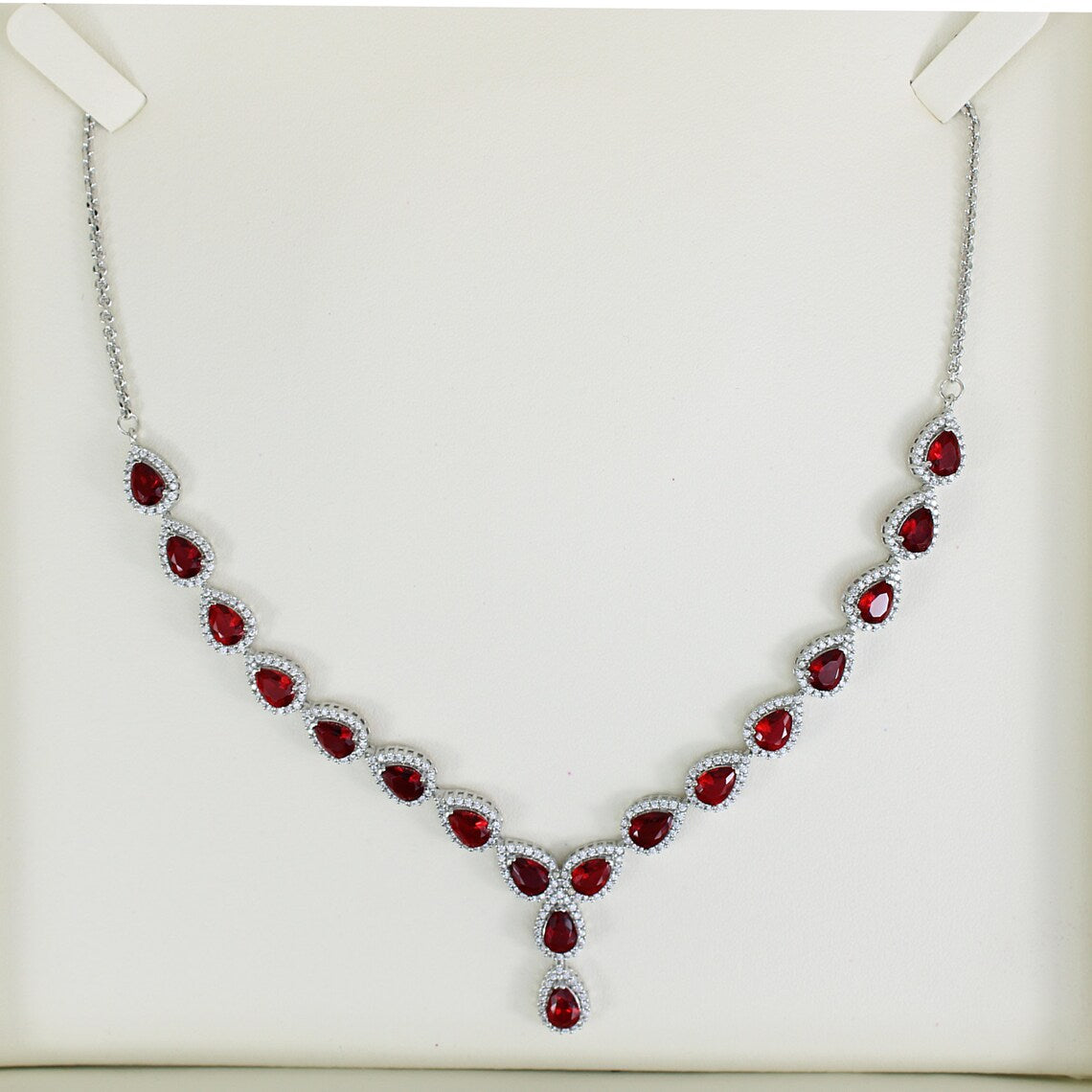 White Gold Finish Red Ruby Pear Cut & Created Diamond Cluster Necklace