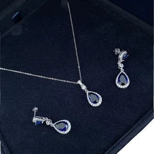 White Gold Finish Blue Sapphire Pear Cut Necklace and Earrings Set with Created Diamonds | Elegant Jewellery Set